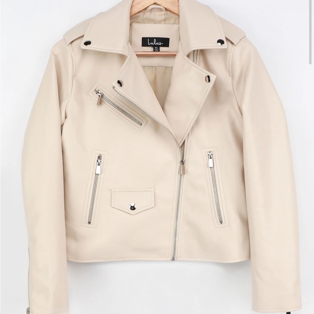 Out for the Night Beige Vegan Leather Moto Jacket Lulus